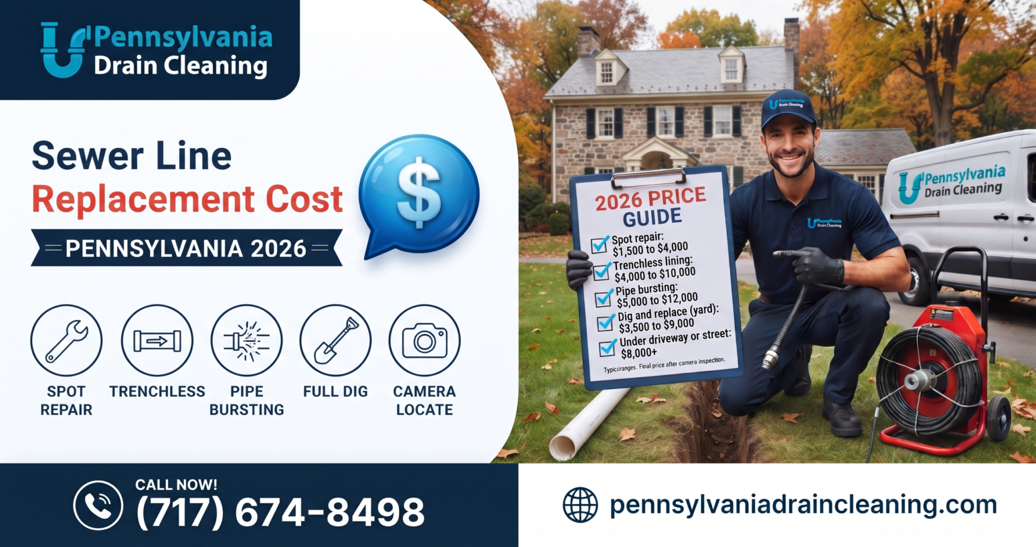 Sewer line replacement cost in Pennsylvania 2026